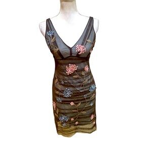 Bcbg Maxazria sheer brown v neck sleeveless lined dress embroidered flowers 8